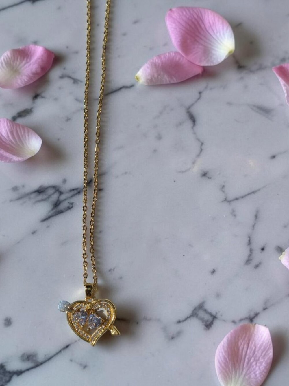 18K Gold Plated Zircon Radiant Bow and Arrow Heart Necklace - Picture 3 of 4